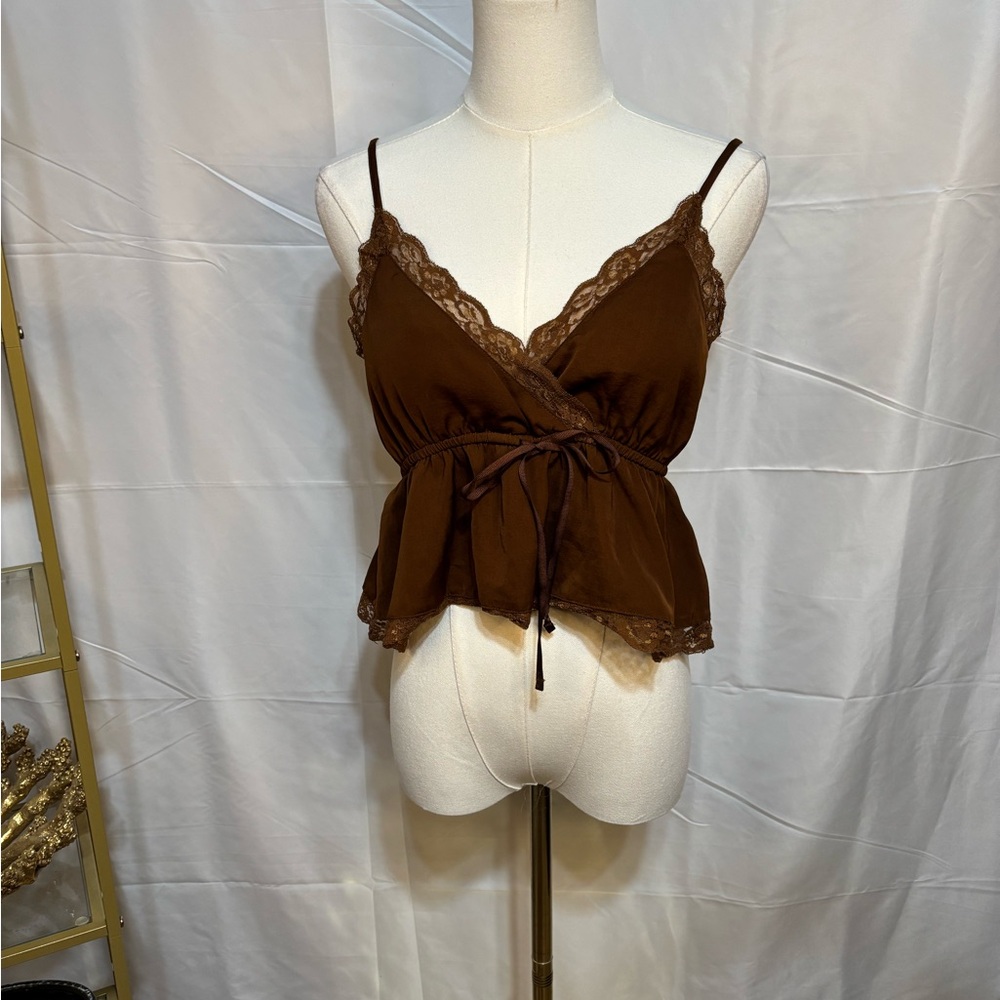 Y2K American Eagle Brown Lace‎ Trim Cami Top Empire Waist Small